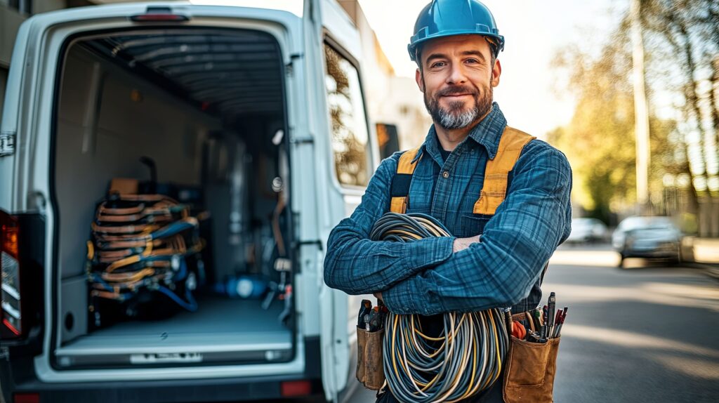 an electrician standing beside his van, ready to work.